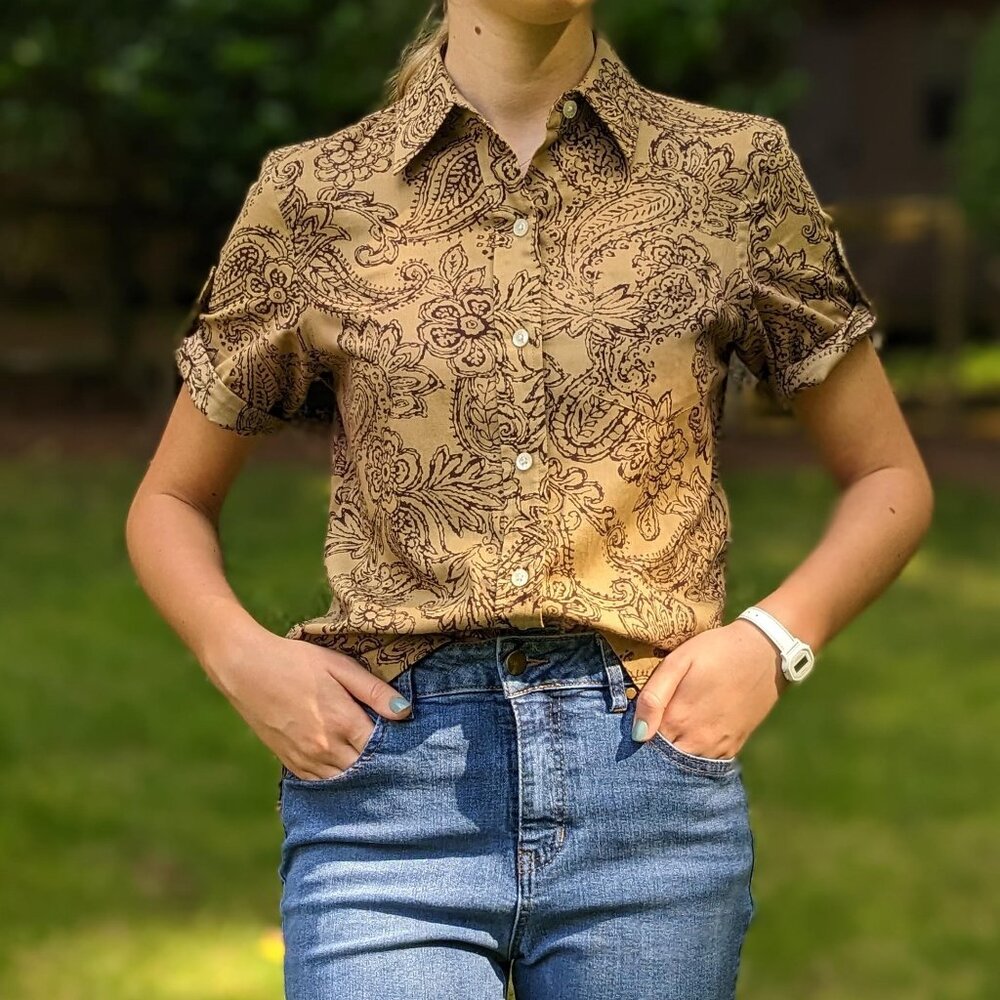 Ralph Lauren Tan Paisley Button-Up Short Sleeve Blouse vintage